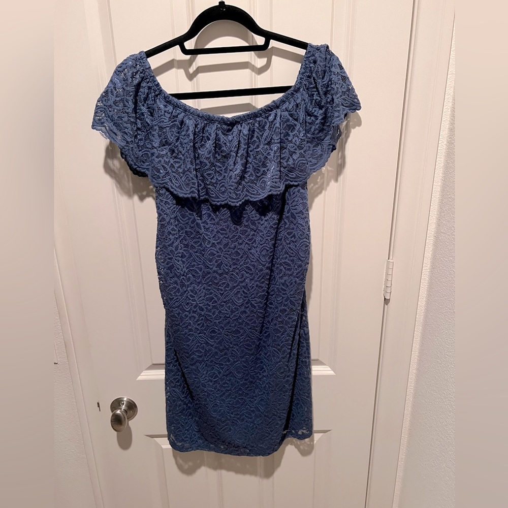 PinkBlush Maternity Blue Lace Off Shoulder Dress